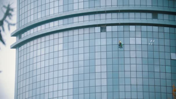 Ein Arbeiter hängt an Seilen an den Außenfenstern eines Wolkenkratzers - industrieller Alpinismus — Stockvideo