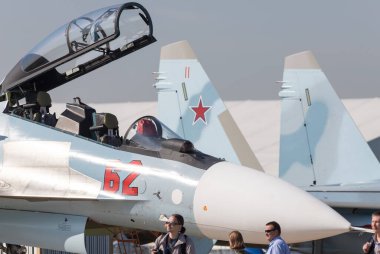 30 Ağustos 2019 Moskova, Rusya: açık kabini olan reaktif bir jet uçağı
