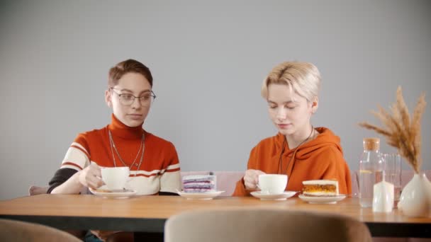 Jonge meisjes nemen kopjes koffie en drinken — Stockvideo