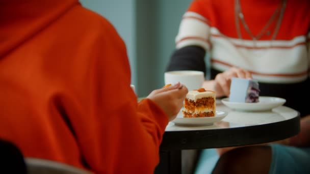 Jonge meisjes genieten van hun plakjes taarten — Stockvideo