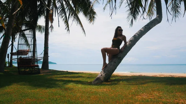 Jovem mulher se apoiou em uma palmeira perto do oceano — Fotografia de Stock
