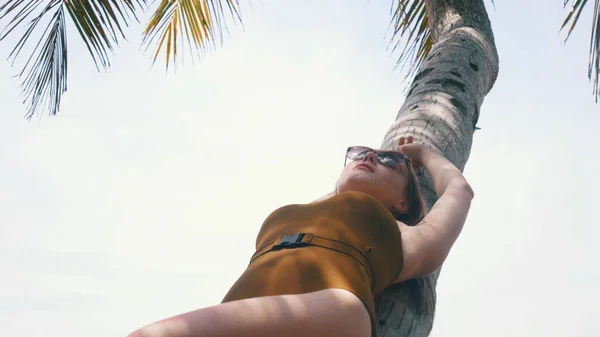 Mulher jovem e bonita em óculos de sol está deitada em uma palmeira — Fotografia de Stock