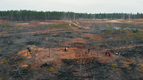 19-10-2019 RUSIA, REPÚBLICA DE TATARSTÁN: La gente que camina sobre el suelo quemado - un paisaje de prado — Vídeos de Stock