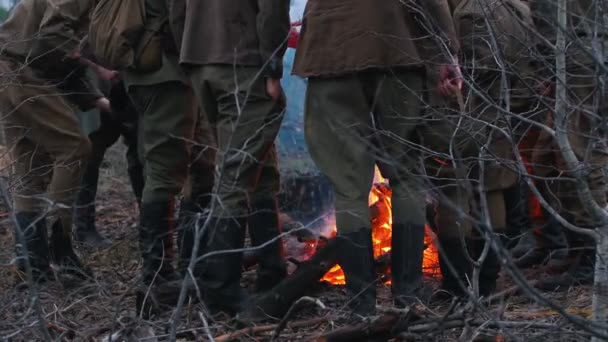 Солдаты, стоящие у костра в лесу — стоковое видео
