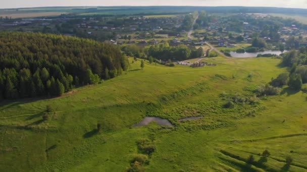 Зеленое поле, лес и деревня на заднем плане — стоковое видео
