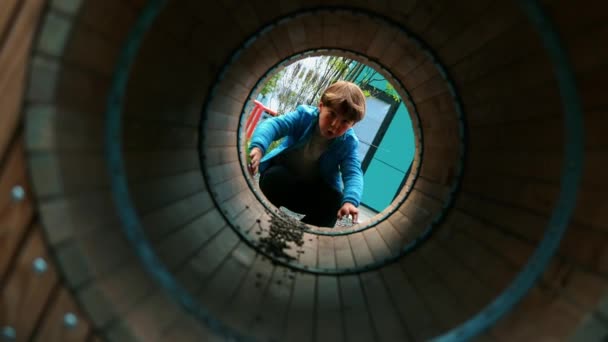 Un niño pequeño jugando en el patio de recreo arrastrándose por el tubo — Vídeos de Stock