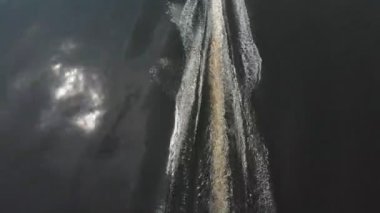 Karanlık nehirde motorlu tekne süren iki adam.