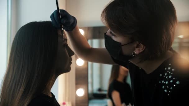 Mladá žena kosmetolog kreslí bílou značku na obočí modelu — Stock video