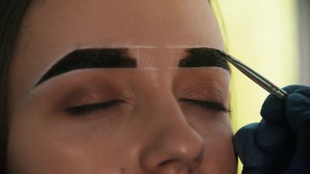 Cosmetoloog vult de wenkbrauw van het model in met donkere kleur bij de rand — Stockvideo