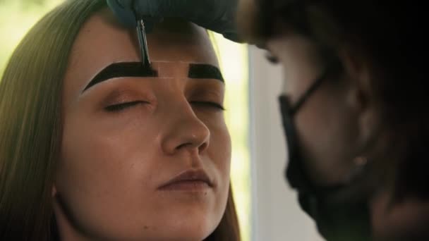 Femme cosmétologue remplit le front du modèle avec une couleur foncée à l'avant — Video