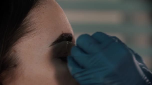 Kosmetikerin arbeitet mit getönten Augenbrauen einer jungen Frau — Stockvideo