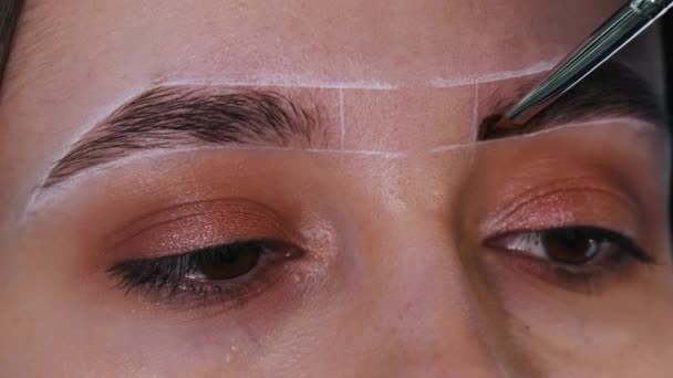 Brow master filling in the eyebrow with brown hair dye — Stock Video