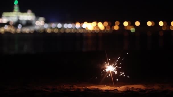 夜晚在沙滩上的沙滩上燃烧着火花 — 图库视频影像