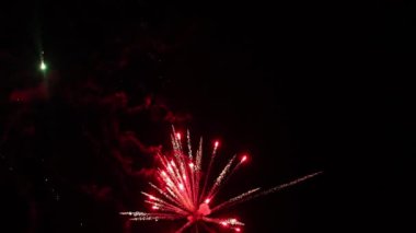 Renkli, parlak havai fişekler gökyüzünde geceleyin patlıyor.