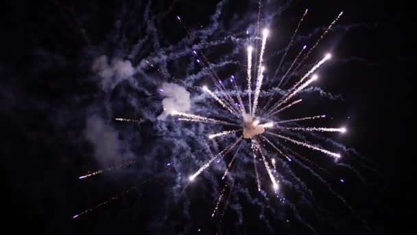 Coloridos fuegos artificiales brillantes que explotan en el aire por la noche y dejan las huellas de humo — Vídeos de Stock