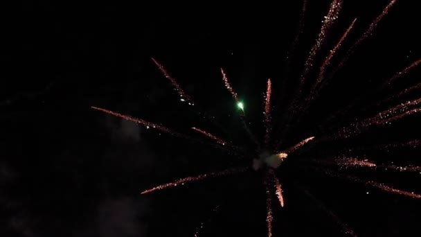 Különböző színű fényes tűzijáték robban a levegőben éjszaka az égen — Stock videók