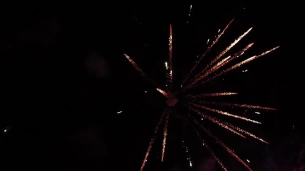 Разного цвета яркие фейерверки взрываются в воздухе ночью в небе - небо наполняется дымом — стоковое видео