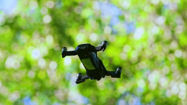 Un pequeño dron volando en el bosque — Vídeo de stock