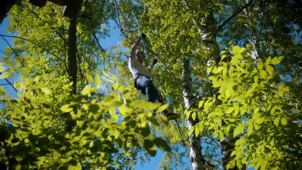 Człowiek przekraczający most linowy - atrakcja rozrywkowa w zielonym parku — Wideo stockowe