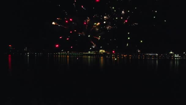 Helles Feuerwerk, das in der Nacht in der Nähe des Flusses explodiert — Stockvideo