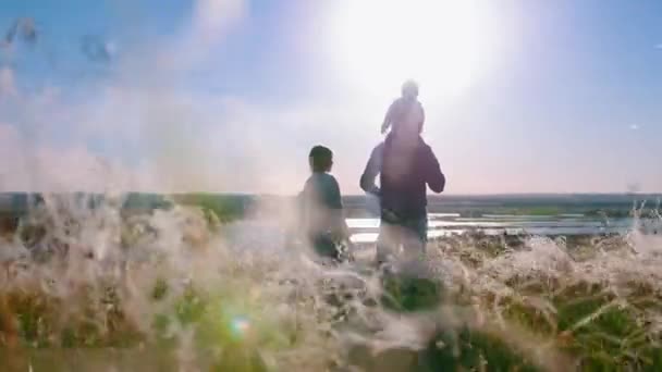Jonge gelukkige familie die op het veld staat en geniet van het uitzicht — Stockvideo