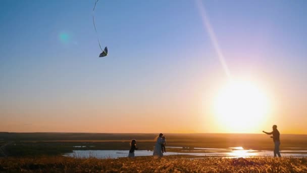 Молодая семья играет с воздушным змеем на поле на раннем закате — стоковое видео