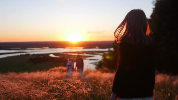 En liten flicka står på planen medan solnedgången — Stockvideo