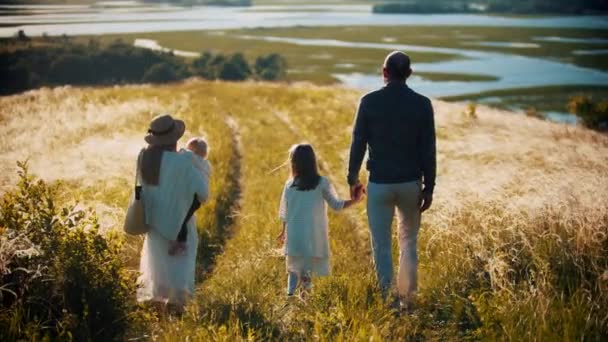 Familia joven de cuatro miembros caminando hacia el campo de trigo — Vídeo de stock