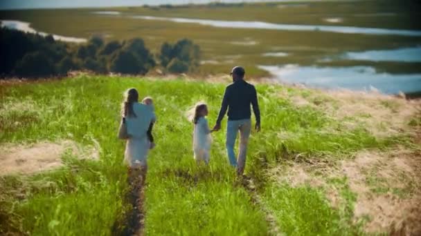 Família de quatro membros caminhando até o campo verde — Vídeo de Stock