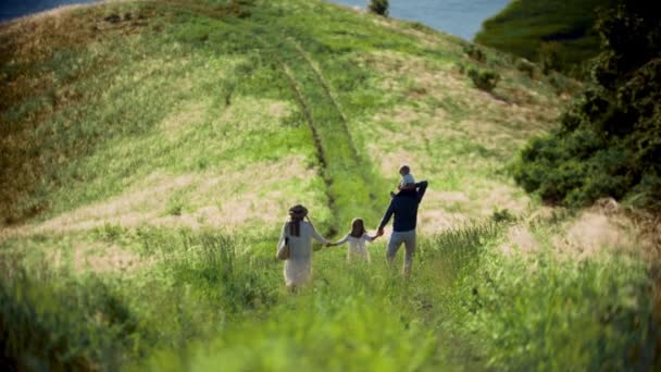 Jeune famille de quatre membres marchant vers le champ vert — Video