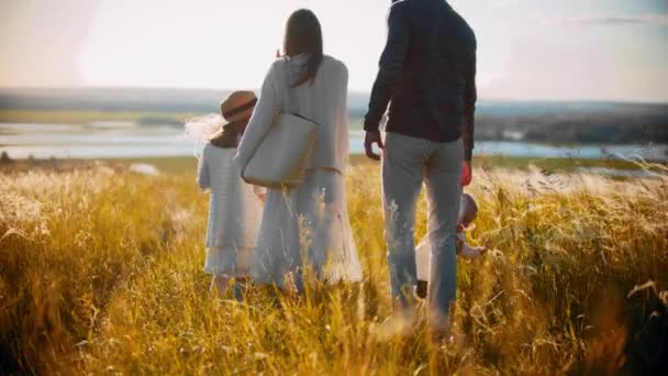 Молодая счастливая семья с маленьким ребенком и девочкой стоит на поле и смотрит вдаль — стоковое видео