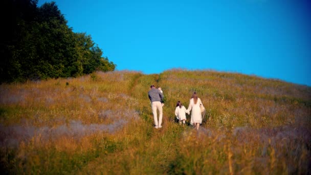 Familia joven caminando hacia arriba en el campo al atardecer temprano — Vídeos de Stock