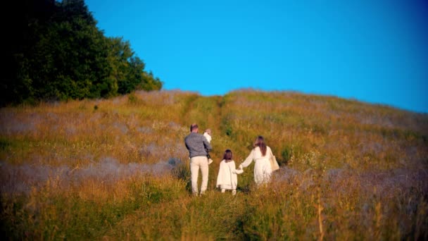Młoda rodzina idzie w górę po polu pszenicy o wczesnym zachodzie słońca — Wideo stockowe
