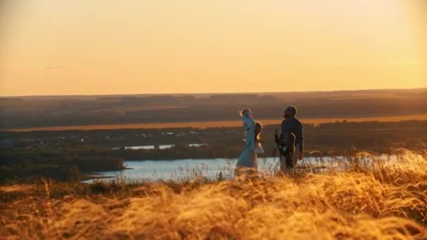 Jeune famille jouer avec cerf-volant dans la nature tandis que le coucher du soleil — Video