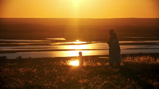 Anne ve baba, küçük bebeklerinin altın gün batımında sahada yürümeyi öğrenmesini izliyorlar. — Stok video