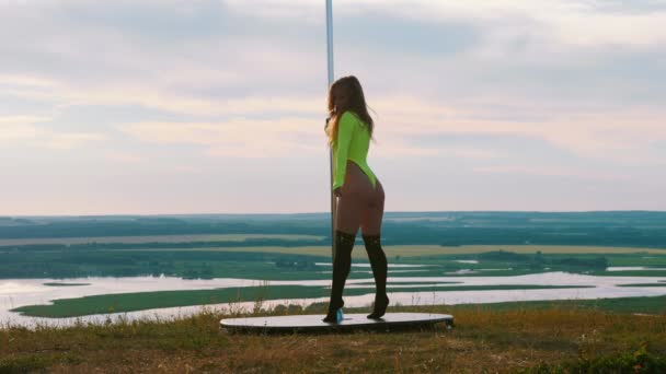 Pole dance sulla natura - sexy donna attraente in costume da bagno verde fluo che balla vicino al palo — Video Stock