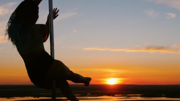 Pole Dance bei Sonnenuntergang - attraktive Frau mit langen blauen Zöpfen tanzt — Stockvideo
