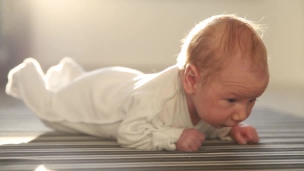 Een pasgeboren baby ligt op de grond en houdt zijn benen omhoog. — Stockvideo