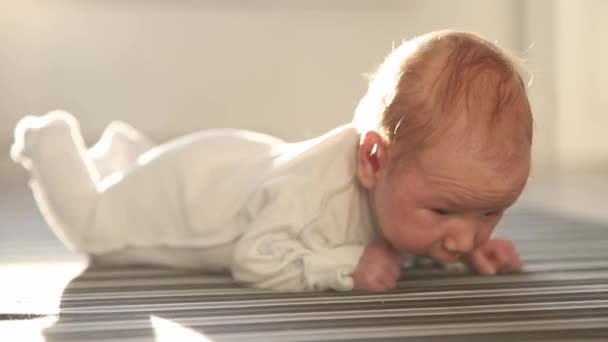 Ένα νεογέννητο μωρό ξαπλωμένο στο πάτωμα και κουνάει τα πόδια του ψηλά. — Αρχείο Βίντεο