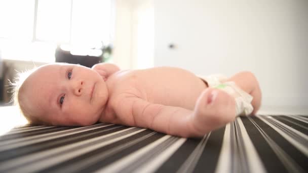 Un nouveau-né mignon dans une couche couchée sur le dos sur des draps rayés — Video