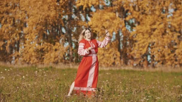Vrouw in rode traditionele jurk staat op het veld met een zwaard en praten met cameraman — Stockvideo