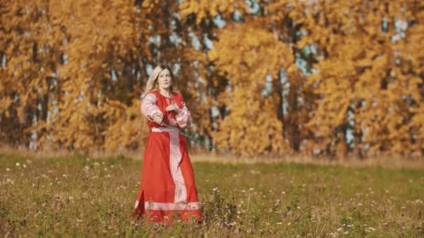 Mujer en vestido rojo tradicional de pie en el campo y esgrima con una espada — Vídeo de stock