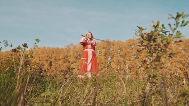 Блондинка в червоній національній сукні стоїть на полі і фехтує мечем — стокове відео