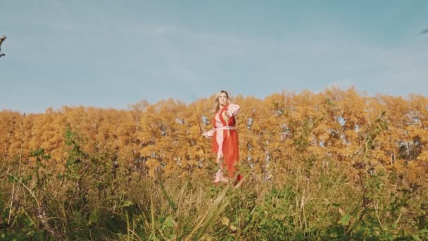 Blond kvinna i röd nationell klänning stående på fältet och fäktning med två svärd — Stockvideo