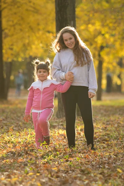 Dos hermanas cogidas de la mano en el parque de otoño y mirando a la cámara — Foto de Stock