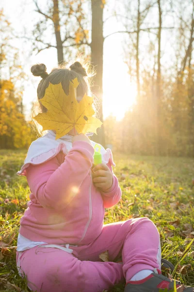 Una niña en traje rosa sentada en el suelo en el parque de otoño y cubriéndose la cara con una hoja — Foto de Stock