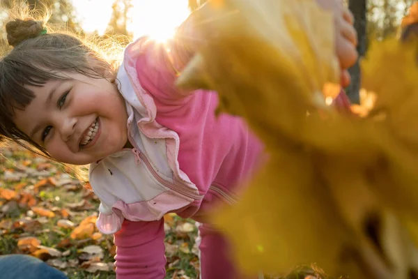 Una niña en traje rosa arrojando hojas naranjas recogidas a la cámara — Foto de Stock