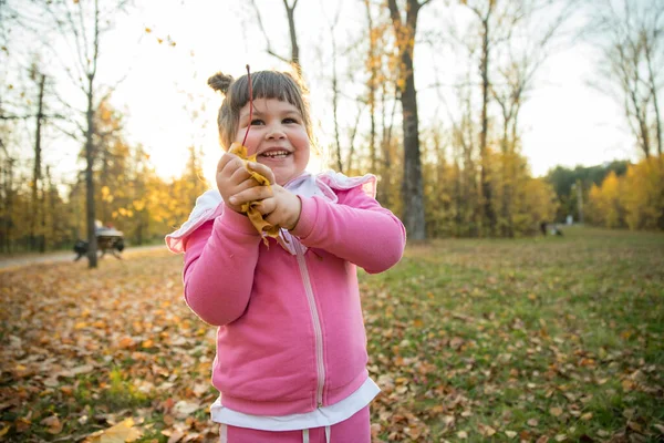 Una niña recogiendo hojas en el parque de otoño — Foto de Stock