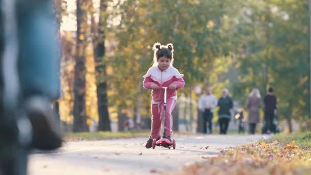 Маленька дівчинка в рожевому костюмі катається на маленькому дитячому скутері в осінньому парку — стокове відео