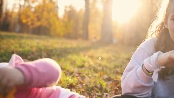 Due sorelle nel parco autunnale e una piccola che gioca con le foglie mentre un'altra bolle di sapone che soffia — Video Stock